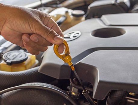 Toyota maintenance and service near me in Colorado Springs, CO with Legend Motor Works. Image of hand mechanic checking, lubricant level of Toyota engine vehicle